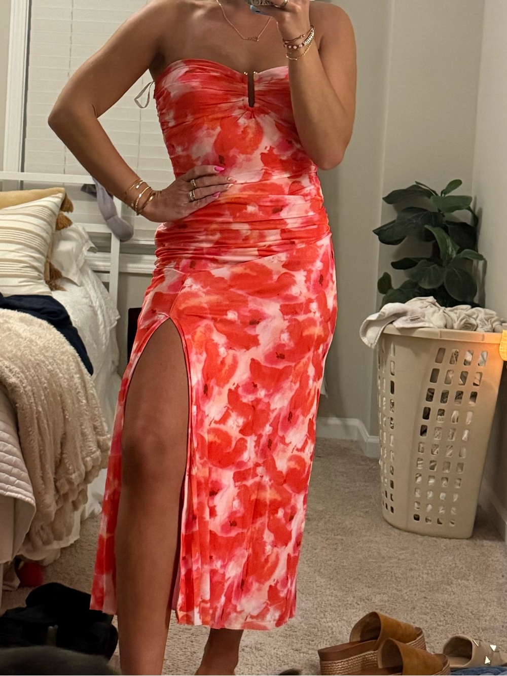 Strapless orange/pink Floral Midi Dress with Side Slit